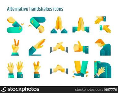 Alternative handshake conept flat icons vector set. Creative greeting avoid Coronavirus 2019-nCov, Covid-19.