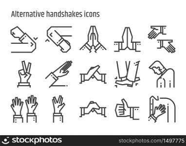 Alternative handshake line icons vector set. Creative greeting avoid Coronavirus 2019-nCov, Covid-19. Editable stroke.
