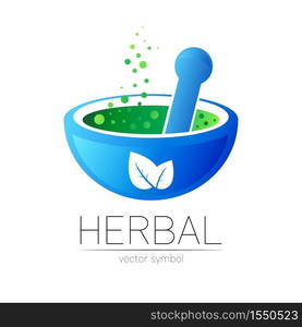 Alternative medical logo with blue mortar, pestle and green leaves. Natural therapy sign for identity, concept, business, doctor, clinic and store. Icon illustration in modern design. Herbal logotype.. Alternative medical logo with blue mortar, pestle and green leaves. Natural therapy sign for identity, concept, business, doctor, clinic and store. Icon illustration in modern design. Herbal logotype