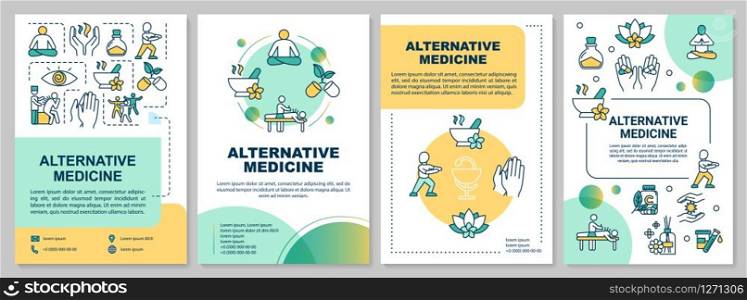 Alternative medicine brochure template. Physical and spiritual healing flyer, booklet, leaflet print, cover design with linear icons. Vector layouts for magazines, annual reports, advertising posters