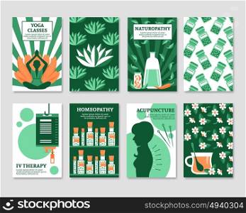 Alternative Medicine Cards Set. Alternative medicine cards set for yoga studio shop pharmacy relax or spa center flat vector illustration