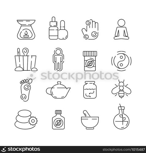 Alternative medicine icon. Beauty complementary naturopath herbal therapy relaxation meditation vector thin symbols. Therapy spa, herbal for healthy, medical naturopathy illustration. Alternative medicine icon. Beauty complementary naturopath herbal therapy relaxation meditation vector thin symbols