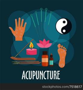 Alternative medicine icon with flat symbols of acupuncture needles, foot and palm with acupoints, incense sticks in holder, candle and essential oil bottles, yin and yang sign, pink flower of sacred lotus. Oriental medicine or spa salon design. Alternative medicine icon with acupuncture therapy