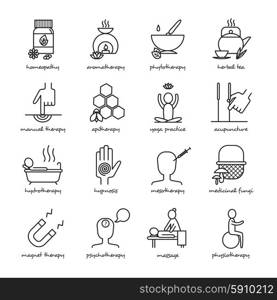 Alternative Medicine Icons Set . Alternative medicine black white line icons set with homeopathy yoga and hypnosis symbols flat isolated vector illustration
