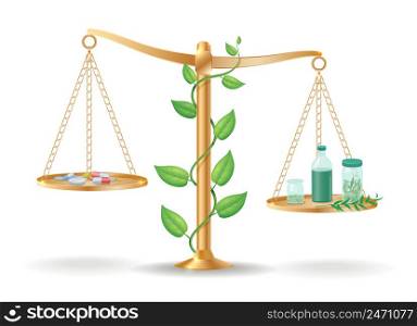 Alternative medicine libra balance concept with drugs pills on one side and natural herbs and plants on another plate vector illustration. Alternative Medicine Libra Balance Concept