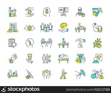 Alternative medicine RGB color icons set. Acupuncture session. Biofeedback. Energy healing. Electromagnetic therapy. Positive attitude. Hypnotherapy. Placebo effect. Isolated vector illustrations. Alternative medicine RGB color icons set