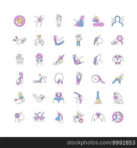 Alternative medicine RGB color icons set. Applying kinesio tape. Body manipulation. Muscle function and posture correction. Athletic training. Massage practice. Isolated vector illustrations. Alternative medicine RGB color icons set