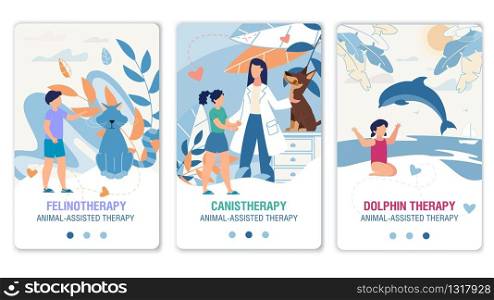 Alternative Medicine. Special Physiotherapeutic Treatment Methods. Felinotherapy, Canistherapy, Dolphin Therapy. Online Service. Social Media Mobile Page Trendy Flat Set. Vector Cartoon Illustration. Alternative Treatment Methods Mobile Page Set