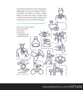 Alternative medicine technique concept icon with text. Quackery. Mind-body balance. Traditional treatment. PPT page vector template. Brochure, magazine, booklet design element with linear illustration