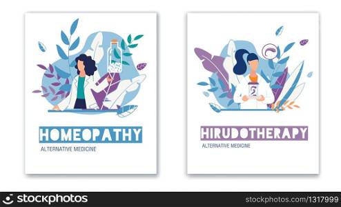 Alternative Natural Medicine. Health Care. Homeopathy and Hirudotherapy Vertical Poster Flat Set. Medical Leech and Homeopathic Pills in Glass Bank. Cartoon Doctors or Pharmacists. Vector Illustration. Alternative Medicine Vertical Poster Flat Set
