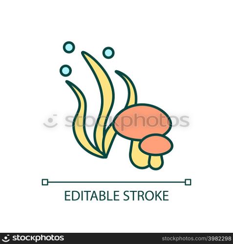 Alternative products RGB color icon. Mushrooms and seaweed. Vegetarian dieting. Vegan food. Isolated vector illustration. Simple filled line drawing. Editable stroke. Arial font used. Alternative products RGB color icon