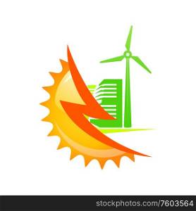 Alternative sources of energy isolated logo. Vector sun power, wind mill end eco friendly house, electricity plant. Sun, thunder and wind eco energy sources