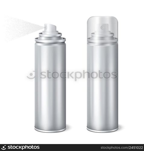 Aluminium aerosol 2 shining realistic mockup cans templates set with cap on and removed spraying vector illustration . Aluminium Spray Cans Realistic Set