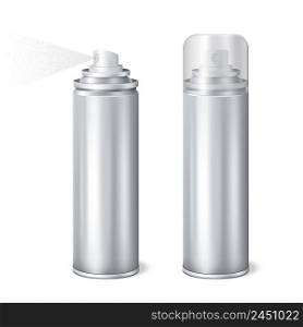 Aluminium aerosol 2 shining realistic mockup cans templates set with cap on and removed spraying vector illustration . Aluminium Spray Cans Realistic Set