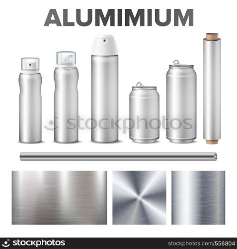 Aluminium And Product Made From Metal Stuff Vector. Aluminium Blank Beer Or Soda Glossy Bottle, Aerosol Spray, Foil And Circular Brushed Steel Material Texture. Realistic 3d Illustration. Aluminium And Product Made From Metal Stuff Vector