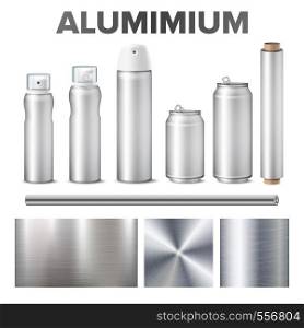 Aluminium And Product Made From Metal Stuff Vector. Aluminium Blank Beer Or Soda Glossy Bottle, Aerosol Spray, Foil And Circular Brushed Steel Material Texture. Realistic 3d Illustration. Aluminium And Product Made From Metal Stuff Vector