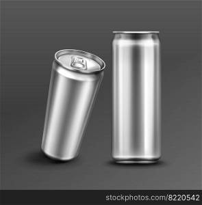 Aluminium can for soda or beer in front and perspective view. Vector realistic mockup of metal tin can for drink with ring pull on lid. 3d template of blank silver package for cold beverage. Vecor template of aluminium can for soda or beer