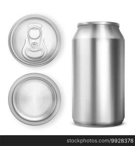 Aluminium can for soda or beer in front, top and bottom view. Vector realistic 3d mockup of blank metal tin can for drink with ring pull on lid isolated on white background. Aluminium can for soda or beer in different views