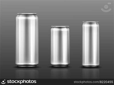 Aluminium can for soda or beer isolated on gray background. Vector realistic mockup of metal tin cans for drink different shapes. 3d template of blank silver package for cold beverage. Vecor mockup of aluminium can for soda or beer