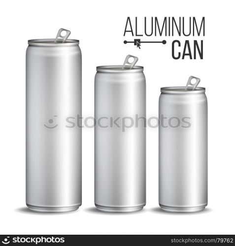 Aluminium Cans Vector. Silver Can. Branding Design. Blank Can Beer Of Soft Drink. Isolated Illustration. Blank Metallic Can Vector. Silver Can. 3D packaging. Mock Up Metallic Cans For Beer Or Soft Drink. 500 And 300 ml. Isolated On White Illustration