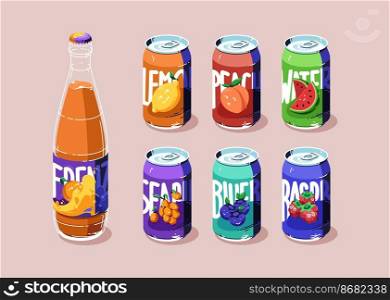 Aluminium cans with different fruit juice or lemonade. Glass bottle with fresh orange beverage. Vector flat illustration of metal tin cans with drinks from blueberry, lemon, watermelon and raspberry. Tin cans and glass bottle with juice or lemonade