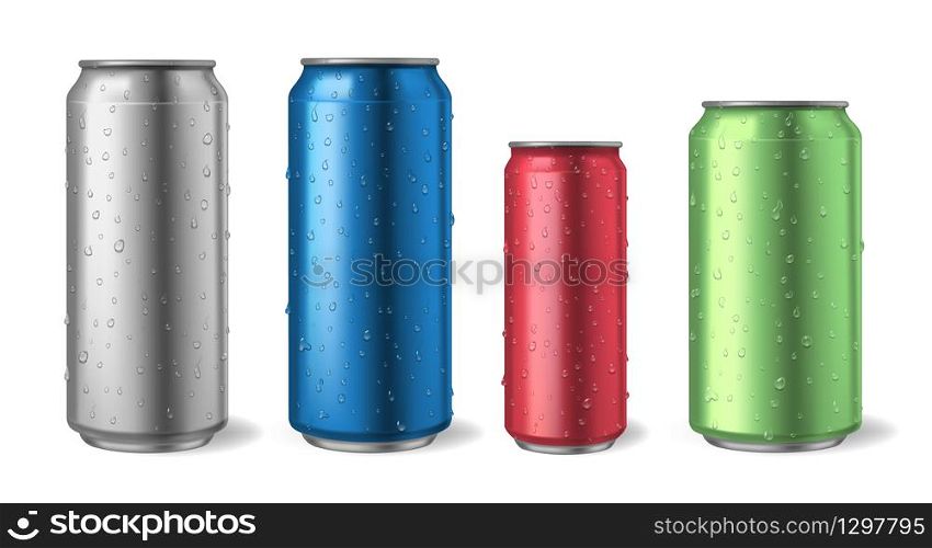 Aluminium cans with water drops. Realistic metal can mockups for soda, alcohol, lemonade and energy drink illustration set. Aluminium metal can, energy and lemonade illustration. Aluminium cans with water drops. Realistic metal can mockups for soda, alcohol, lemonade and energy drink illustration set