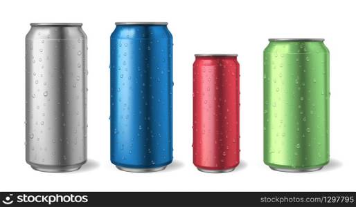 Aluminium cans with water drops. Realistic metal can mockups for soda, alcohol, lemonade and energy drink illustration set. Aluminium metal can, energy and lemonade illustration. Aluminium cans with water drops. Realistic metal can mockups for soda, alcohol, lemonade and energy drink illustration set