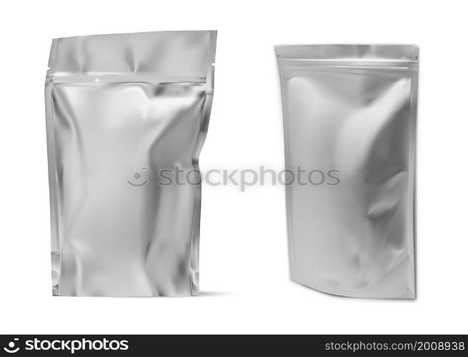 Aluminium foil package. Coffee bean bag mockup. Food pouch vector design. Silver zipper packet template, polythene package design. Flexible wrap, candy sack stand, shiny aluminum pack. Aluminium foil package. Coffee bean bag mockup
