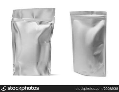 Aluminium foil package. Coffee bean bag mockup. Food pouch vector design. Silver zipper packet template, polythene package design. Flexible wrap, candy sack stand, shiny aluminum pack. Aluminium foil package. Coffee bean bag mockup