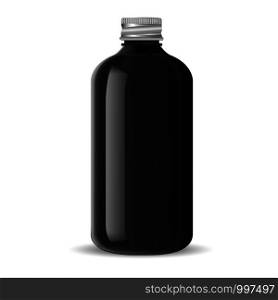 Aluminium lid Pharmacy bottle for medical liquid products, pills. Black glass cosmetic bottle mockup for shampoo, soap, gel. Vector illustration.. Aluminium lid Pharmacy bottle for medical products