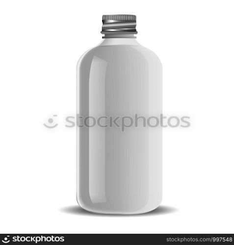 Aluminium lid Pharmacy bottle for medical liquid products, pills. White glass cosmetic bottle mockup for shampoo, soap, gel. Vector illustration.. Pharmacy bottle for medical liquid products, pills