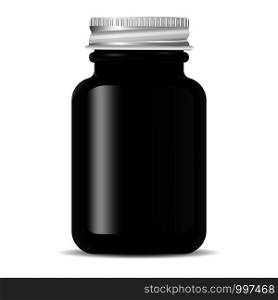 Aluminium lid Pharmacy bottle for medical products, pills, drugs, ointment and cream. Black glass cosmetic or sports bottle mockup for bcaa and other supplements. Vector illustration.. Pharmacy bottle medical product, pill, drug mockup