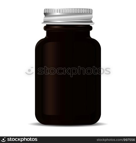 Aluminium lid Pharmacy bottle for medical products, pills, drugs, ointment and cream. Black glass cosmetic or sports bottle mockup for bcaa and other supplements. Vector illustration.. Aluminium lid Pharmacy bottle for medical products