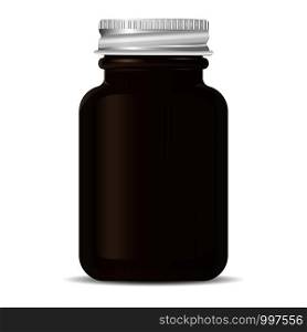 Aluminium lid Pharmacy bottle for medical products, pills, drugs, ointment and cream. Black glass cosmetic or sports bottle mockup for bcaa and other supplements. Vector illustration.. Aluminium lid Pharmacy bottle for medical products