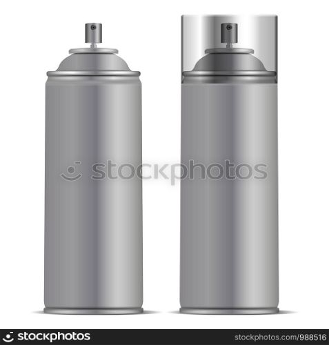Aluminium Spray Can with Lid Vector mockup illustration. Realistic package for paint, aerosol, deodorant isolated on white background.. Aluminium Spray Can with Lid Vector mockup