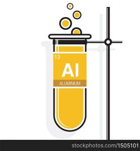 Aluminium symbol on label in a yellow test tube with holder. Element number 13 of the Periodic Table of the Elements - Chemistry