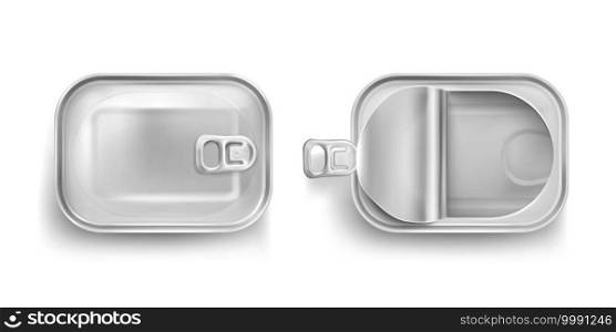 Aluminium tin can for sardine in top view. Vector realistic mockup of rectangle metal containers for fish and tuna. Empty conserve box with open and closed lid isolated on white background. Aluminium tin can for sardine in top view