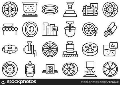 Aluminium wheels icons set outline vector. Car factory. Auto equipment. Aluminium wheels icons set outline vector. Car factory