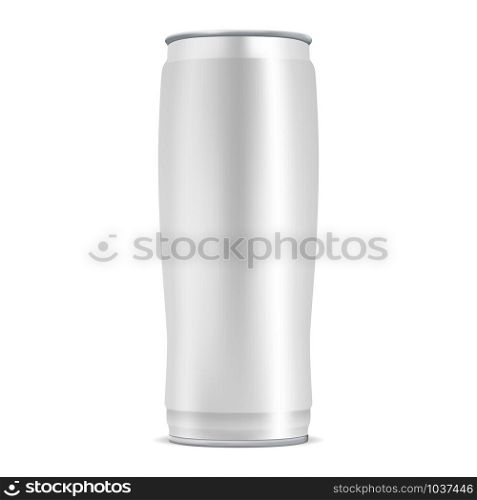 Aluminum can blank isolated. Round silver mockup for soda or juice. Cold liquid beer or cola template design. Steel metal tonic packaging. 500 ml vector tin. Realistic energy drink bottle. Aluminum can blank isolated. Round silver mockup
