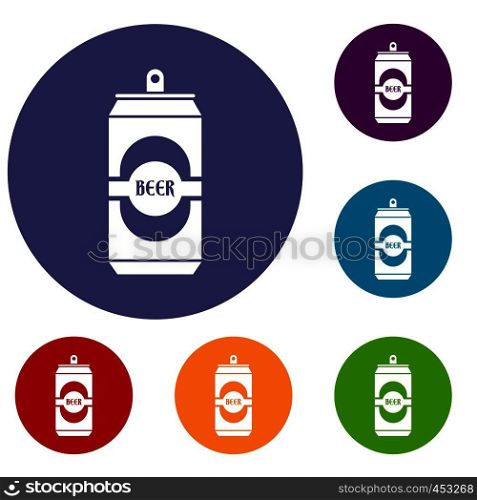 Aluminum can icons set in flat circle reb, blue and green color for web. Aluminum can icons set