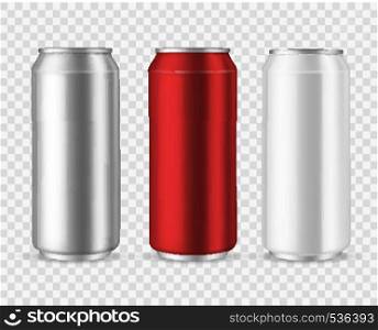 Aluminum cans. Blank metal can drinks, beverage water soda beer lemonade energy drink, silver empty jar vector set