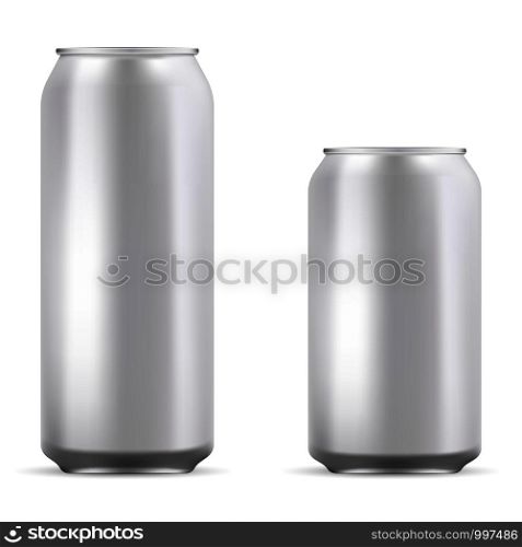 Aluminum cans set mockup illustration. Realistic metallic can for beer, soda, lemonade, juice, energy drink. EPS10 Vector template for your design.. Aluminum cans set mockup for beer, soda, lemonade