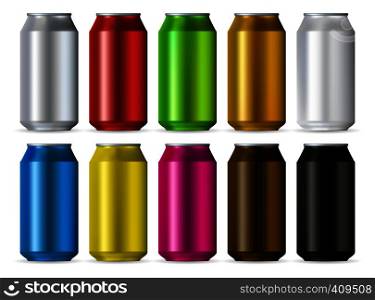 Aluminum realistic cans color set isolated on white background. Aluminum cans color set
