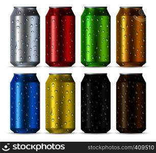 Aluminum realistic cans color set with drops isolated on white background. Aluminum cans with drops