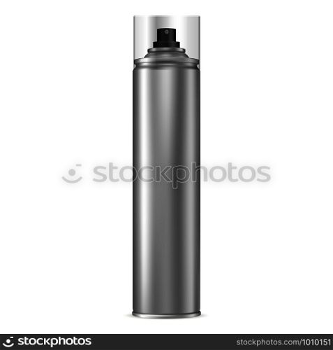 Aluminum Spray Can. Aerosol Bottle. Paint Tin with Cap. Deodorant or Hairspray 3d Cosmetic Cylinder Tube. Silver Antiperspirant Template. Compressed Foam Chrome Packaging with Plastic Lid.. Aluminum Spray Can. Aerosol Bottle. Paint Tin, Cap