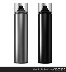 Aluminum Spray Can. Aerosol Bottle Set in Black. Paint Tin with Cap. Compressed Foam Chrome Packaging with Plastic Lid. Deodorant or Hairspray Cosmetic Cylinder Tube. Silver Antiperspirant Template.. Aluminum Spray Can. Aerosol Bottle Set in Black.