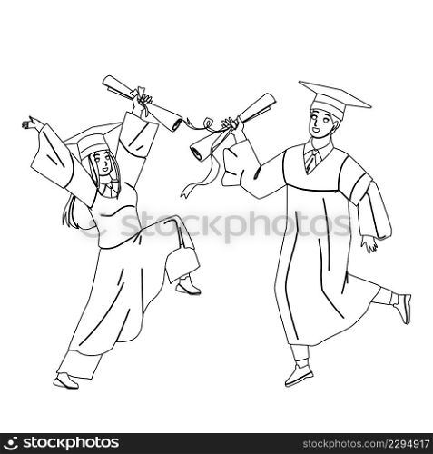 Alumnus Boy And Girl College Graduation Black Line Pencil Drawing Vector. Students Alumnus In Academy Cap And Gown Mantle With Diploma Graduating University Or School Together. Characters Illustration. Alumnus Boy And Girl College Graduation Vector