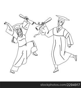Alumnus Boy And Girl College Graduation Black Line Pencil Drawing Vector. Students Alumnus In Academy Cap And Gown Mantle With Diploma Graduating University Or School Together. Characters Illustration. Alumnus Boy And Girl College Graduation Vector