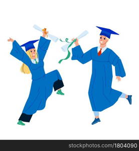 Alumnus Boy And Girl College Graduation Vector. Students Alumnus In Academy Cap And Gown Mantle With Diploma Graduating University Or School Together. Characters Flat Cartoon Illustration. Alumnus Boy And Girl College Graduation Vector