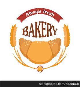 Always Fresh Bakery. Croissant Icon with Wheats. Always fresh bakery. Croissant icon with wheat. Tasty bakery logo. Sign symbol for confectionery bread shop. Isolated fresh baked bun. Some white crumbs. Flat design. Vector illustration